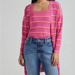 LOFT Pink Red Purple Striped Duster Cardigan Open Front Longline Knit Sweater S